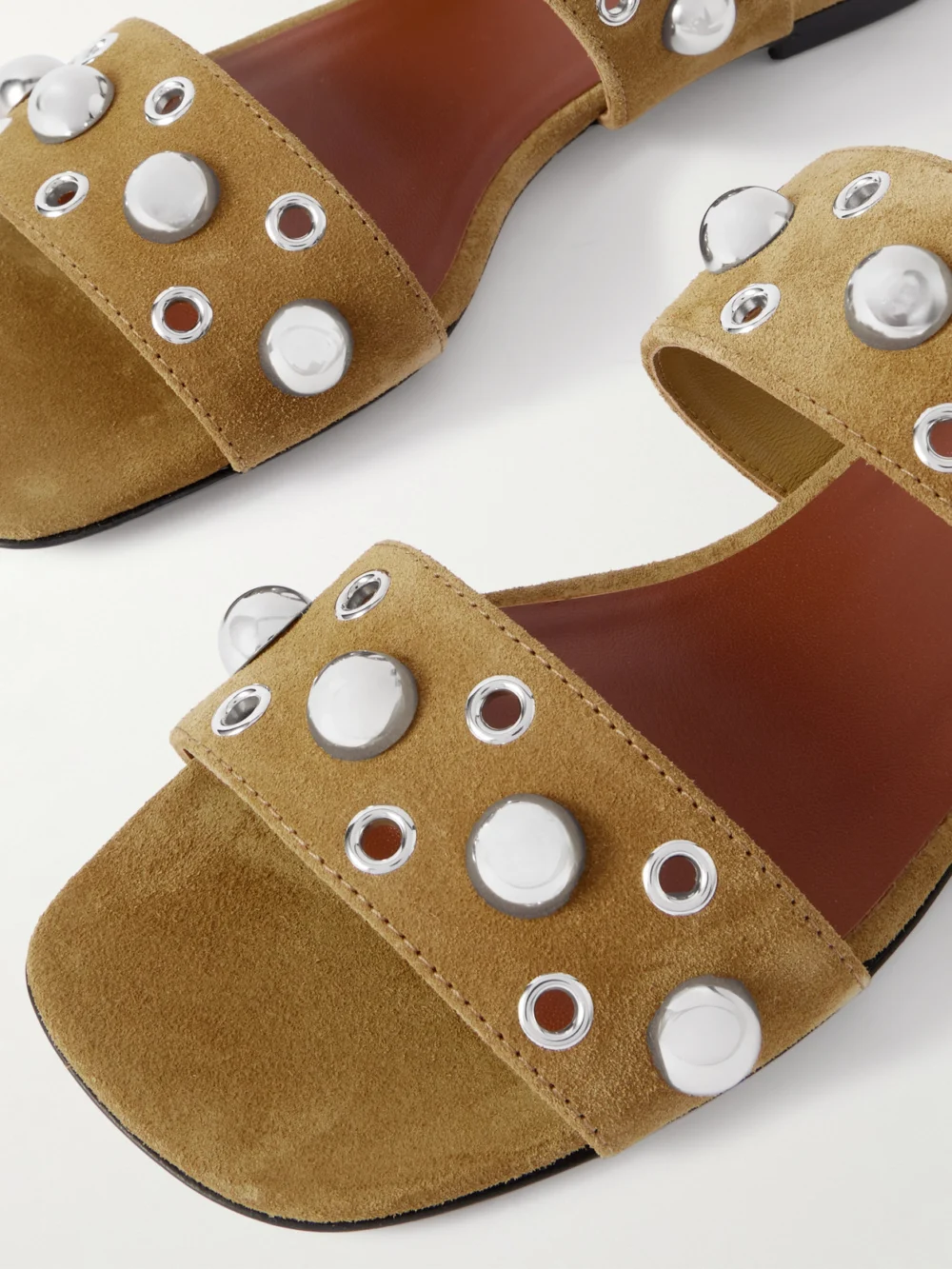 Close-up detail of the Valentino Garavani Nellcôte Embellished Suede Slides