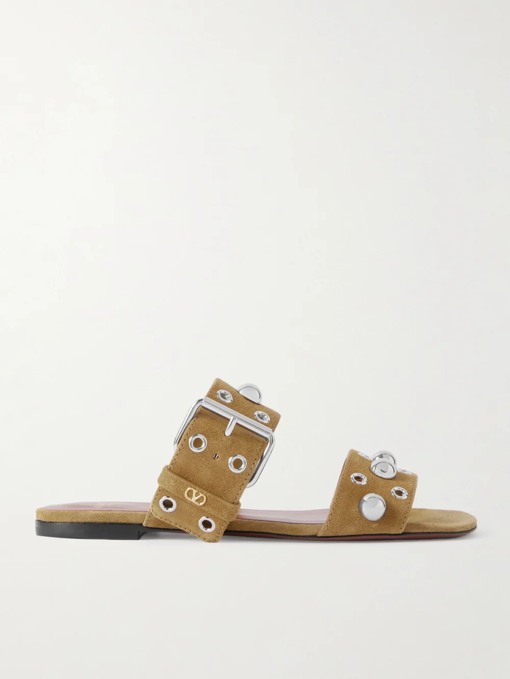 Valentino Garavani Nellcôte Embellished Suede Slides in tan