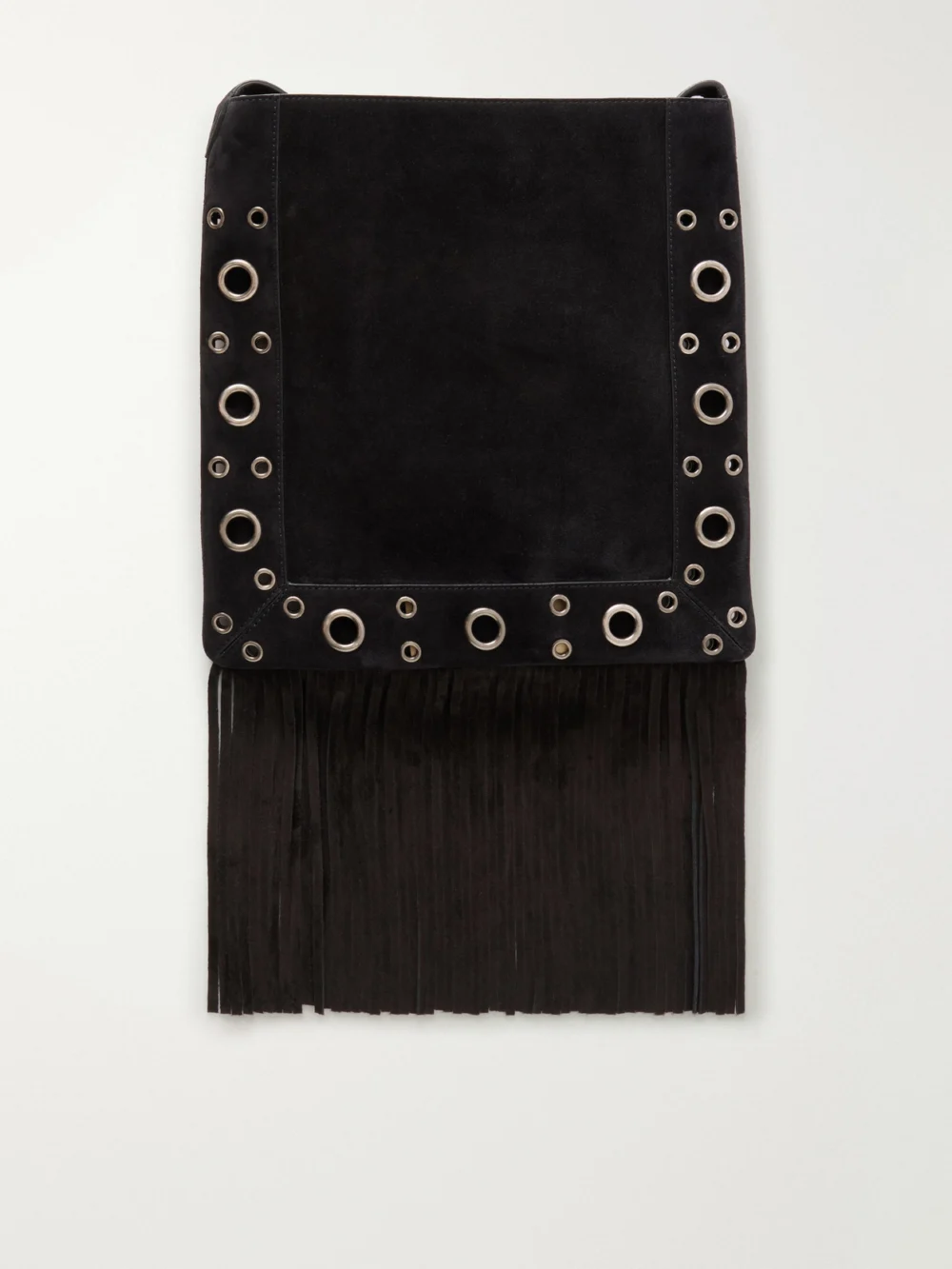 Back view of the Valentino Garavani Nellcote Medium Fringed Studded Suede Shoulder Bag