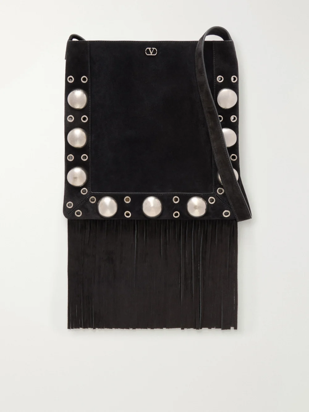 Valentino Garavani Nellcote Medium Fringed Studded Suede Shoulder Bag in black