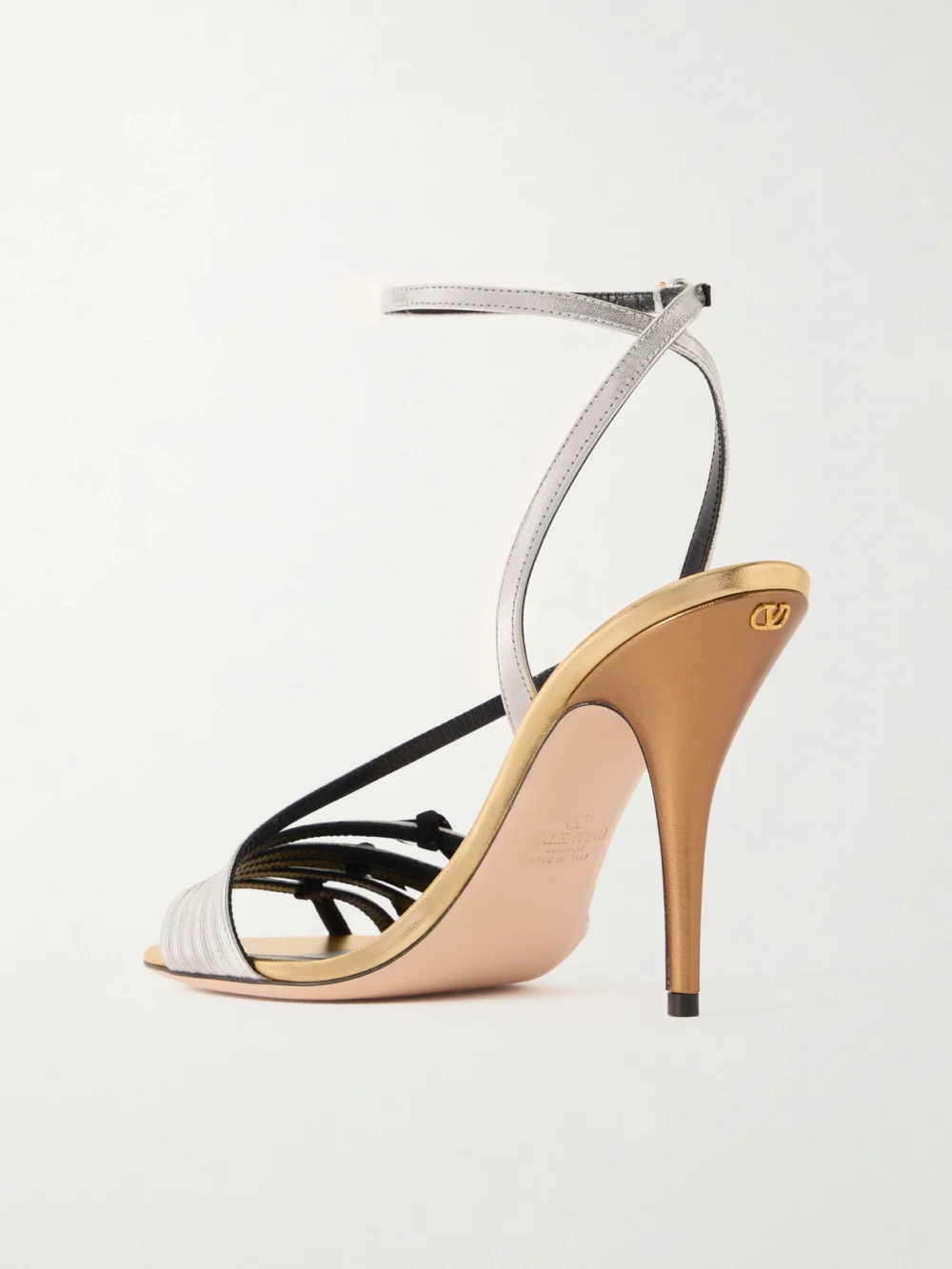 Back view of the Valentino Garavani Nodine 100 Bow-detailed Metallic-leather Sandals