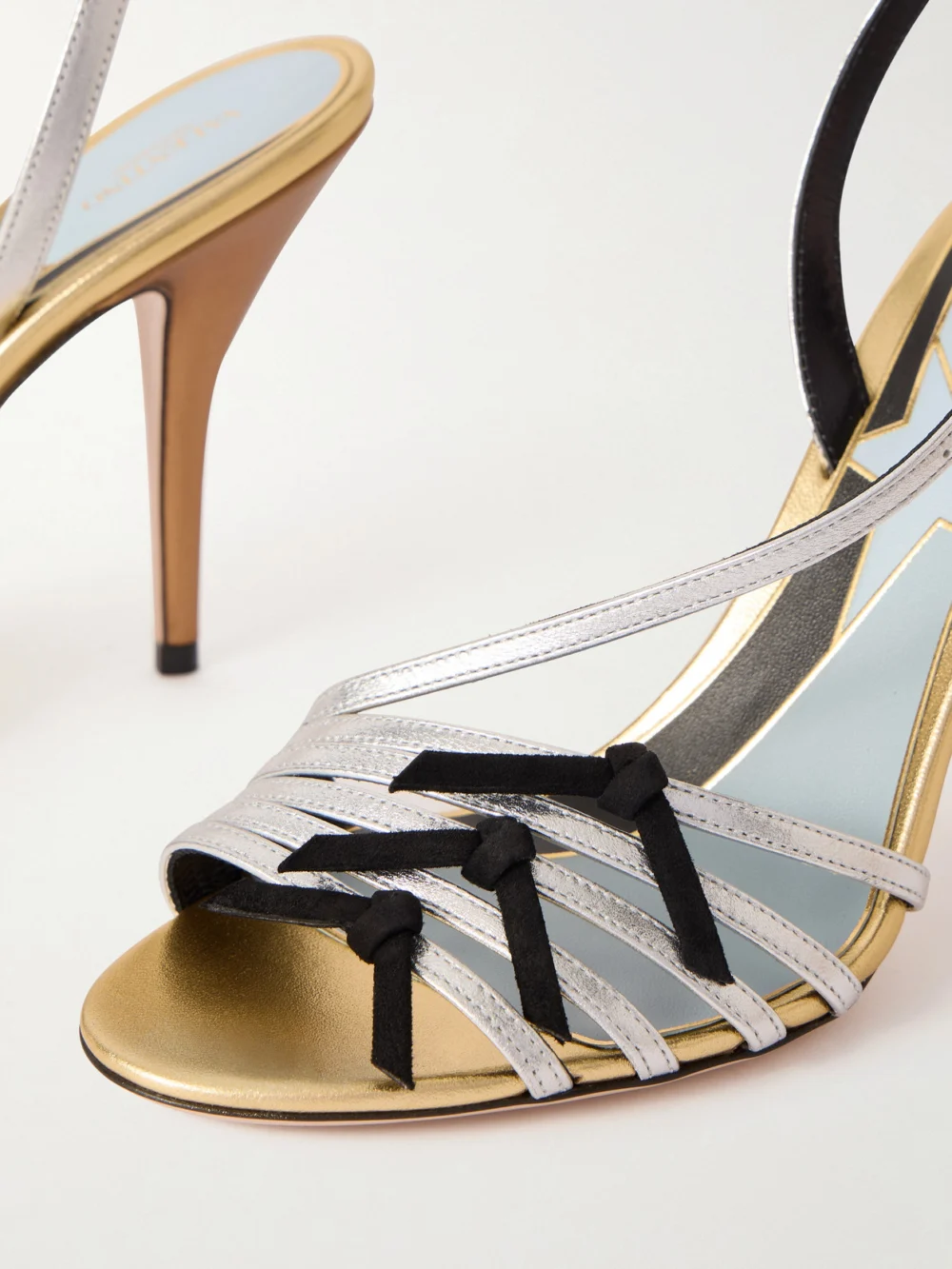 Close-up detail of the Valentino Garavani Nodine 100 Bow-detailed Metallic-leather Sandals