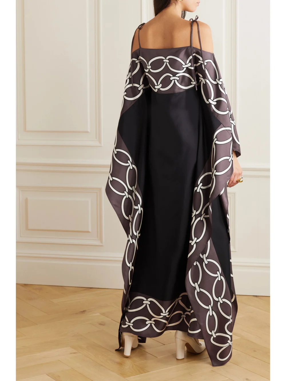 Back view of the Valentino Garavani Off-the-shoulder Printed Silk Gown