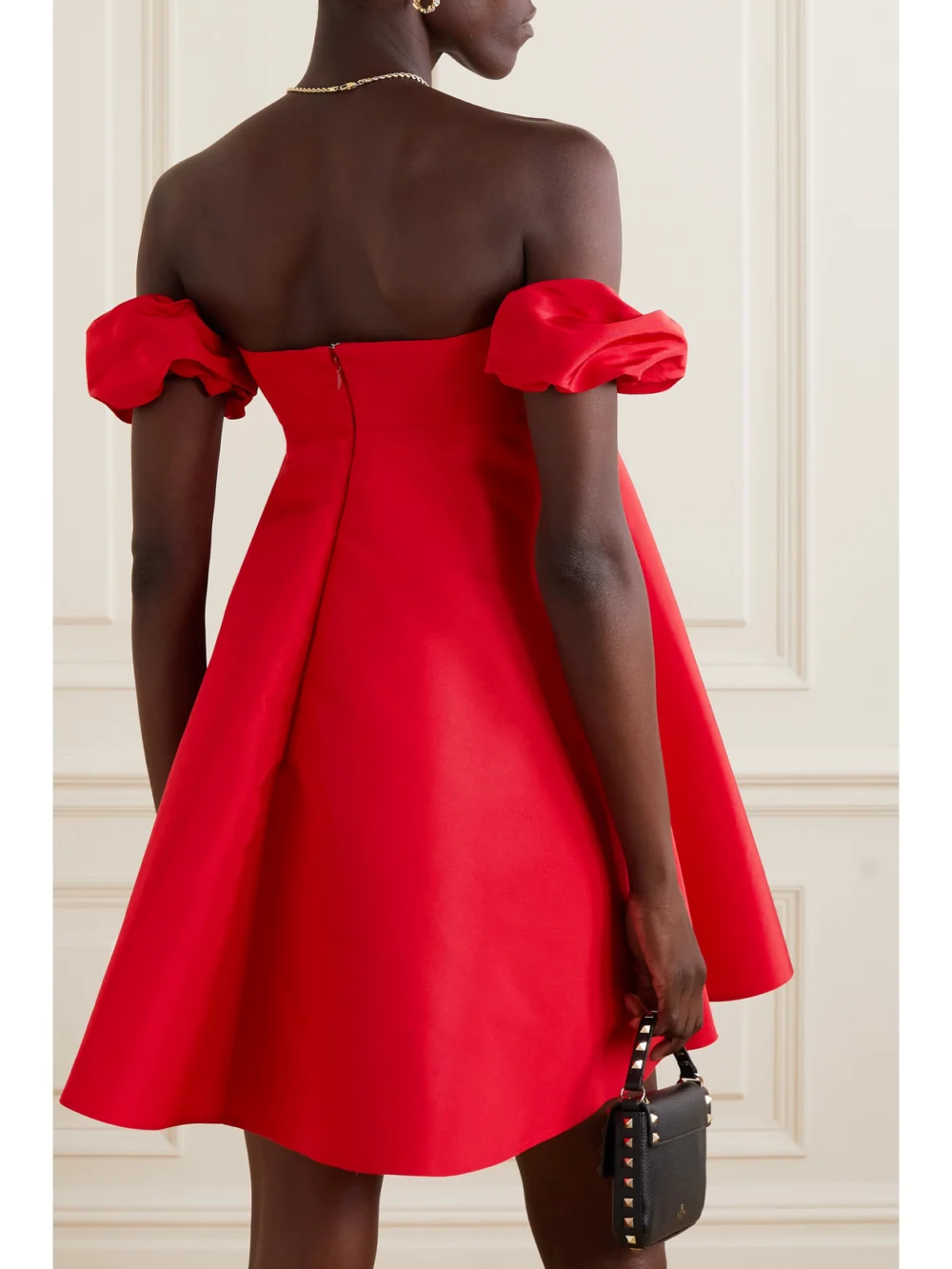 Back view of the Valentino Garavani Off-the-shoulder Silk-faille Mini Dress