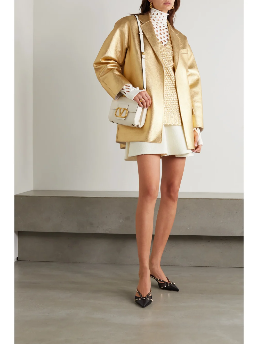 Valentino Garavani Oversized Metallic Coated Wool and Cashmere-blend Blazer, worn by a model