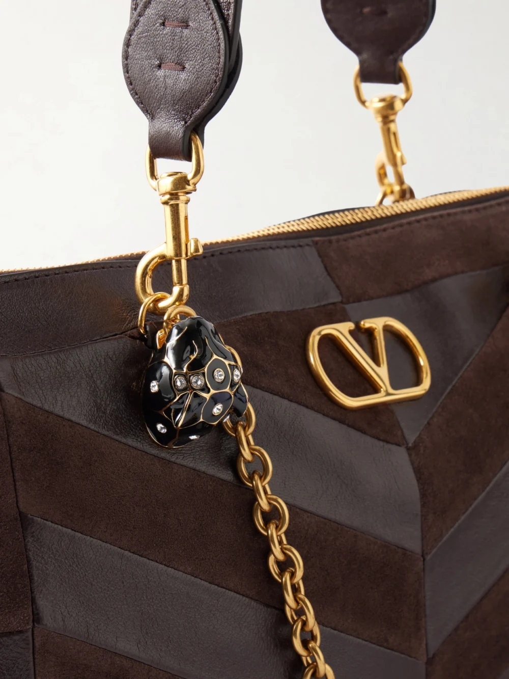 Close-up detail of the Valentino Garavani Panthea Medium Embellished Patchwork Leather and Suede Shoulder Bag