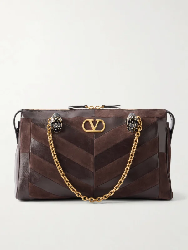 Valentino Garavani Panthea Medium Embellished Patchwork Leather and Suede Shoulder Bag