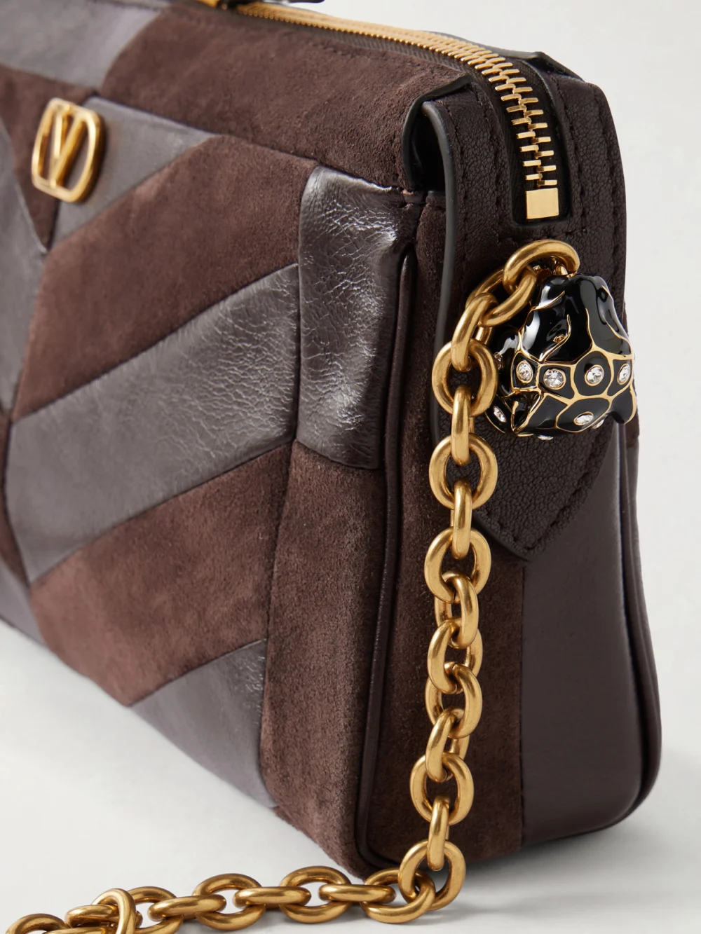 Close-up detail of the Valentino Garavani Panthea Small Patchwork Leather and Suede Shoulder Bag