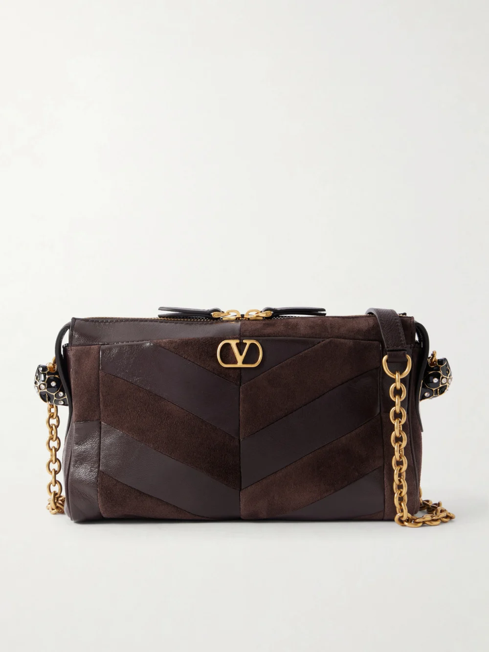 Valentino Garavani Panthea Small Patchwork Leather and Suede Shoulder Bag in chocolate