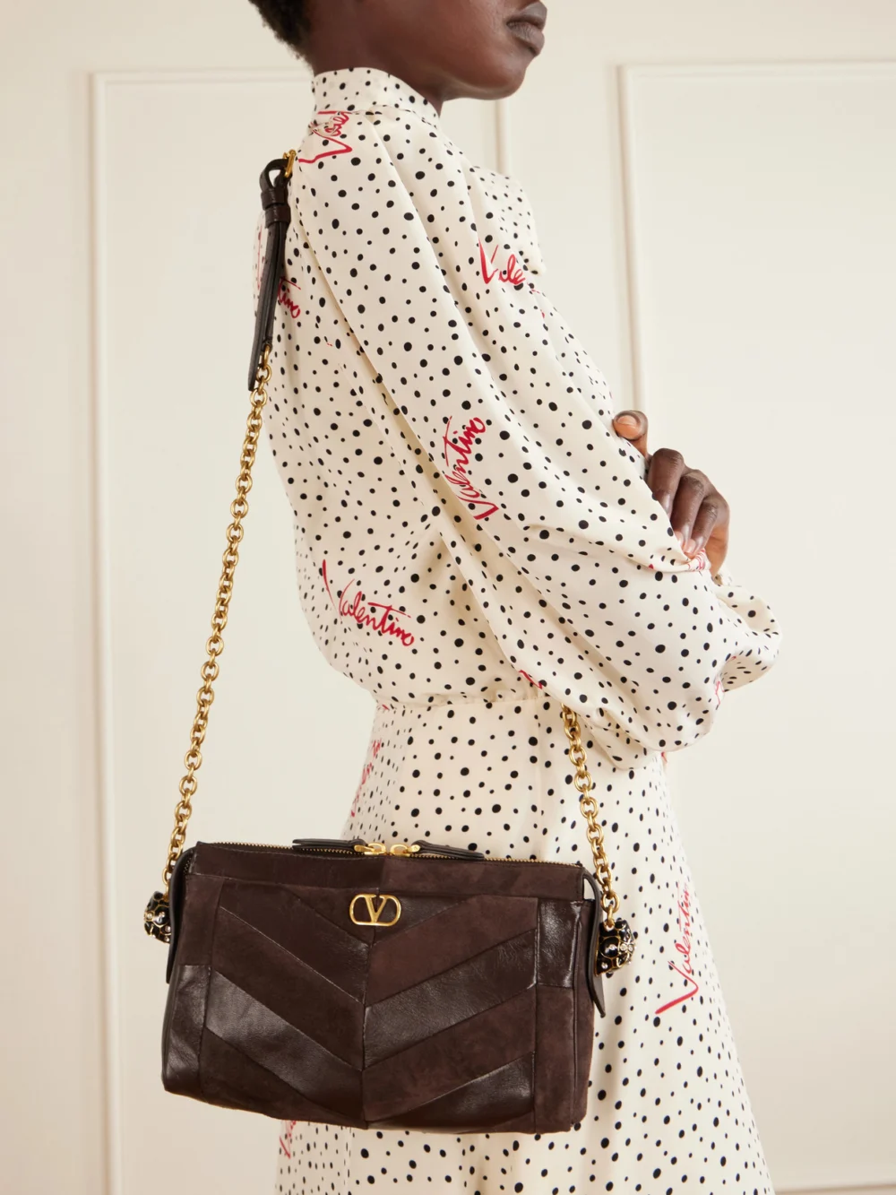 Valentino Garavani Panthea Small Patchwork Leather and Suede Shoulder Bag, styled view
