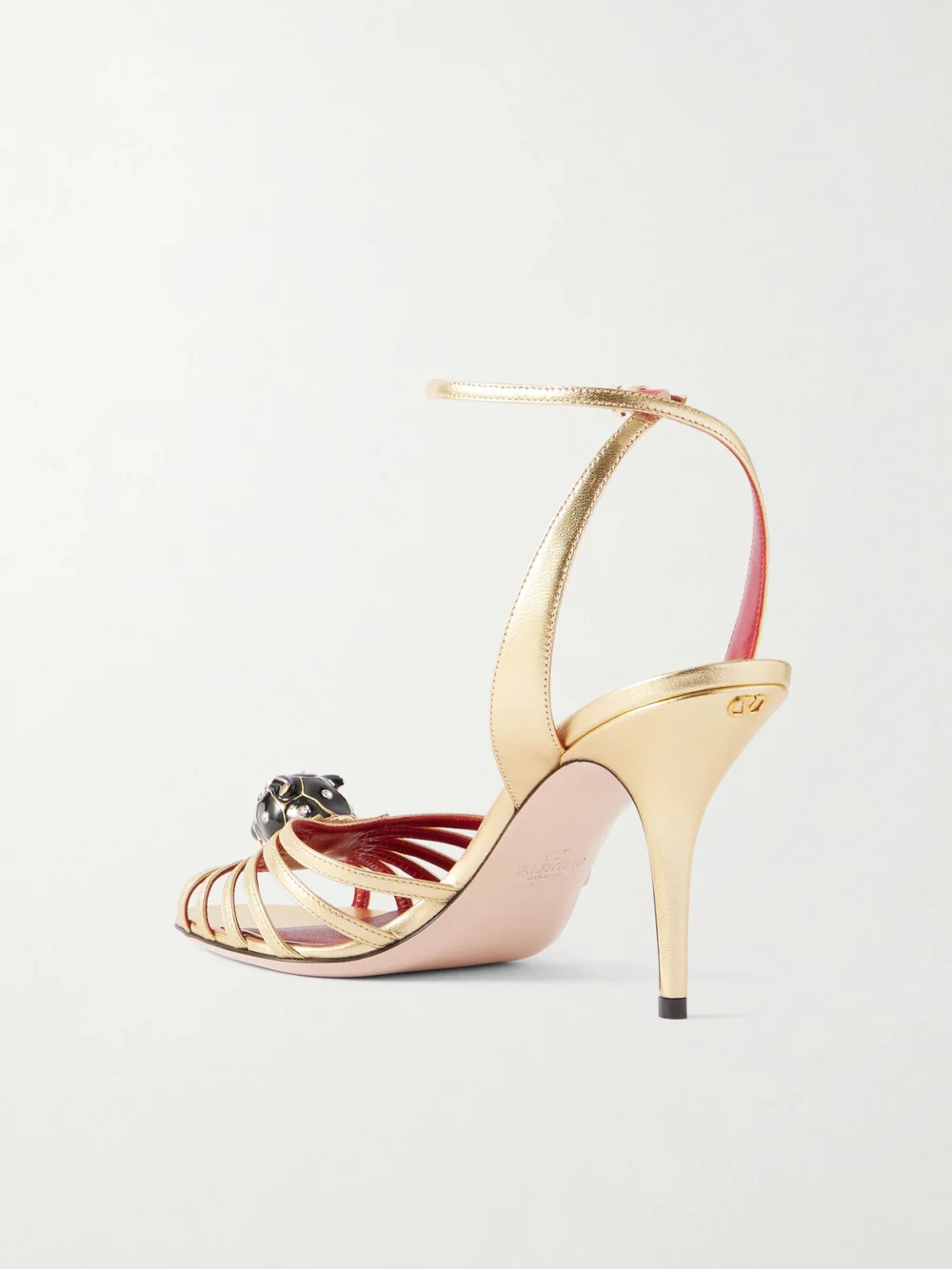 Back view of the Valentino Garavani Pas De Chat 85 Embellished Metallic Leather Sandals