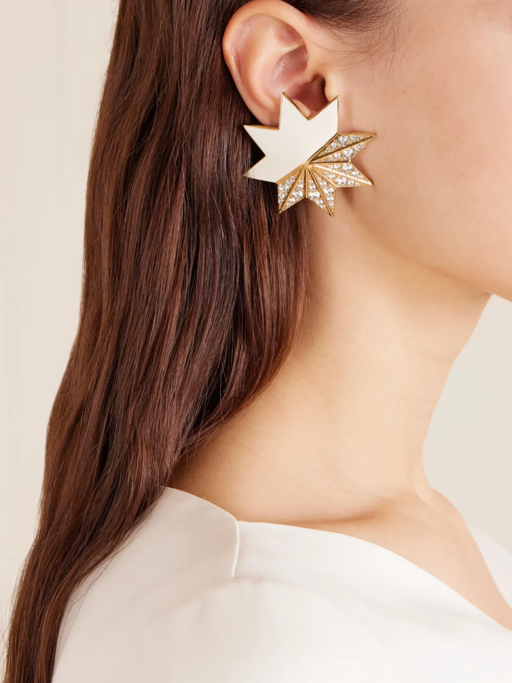 Valentino Garavani Pas Plus Gold-tone, Crystal and Enamel Clip Earrings, styled view