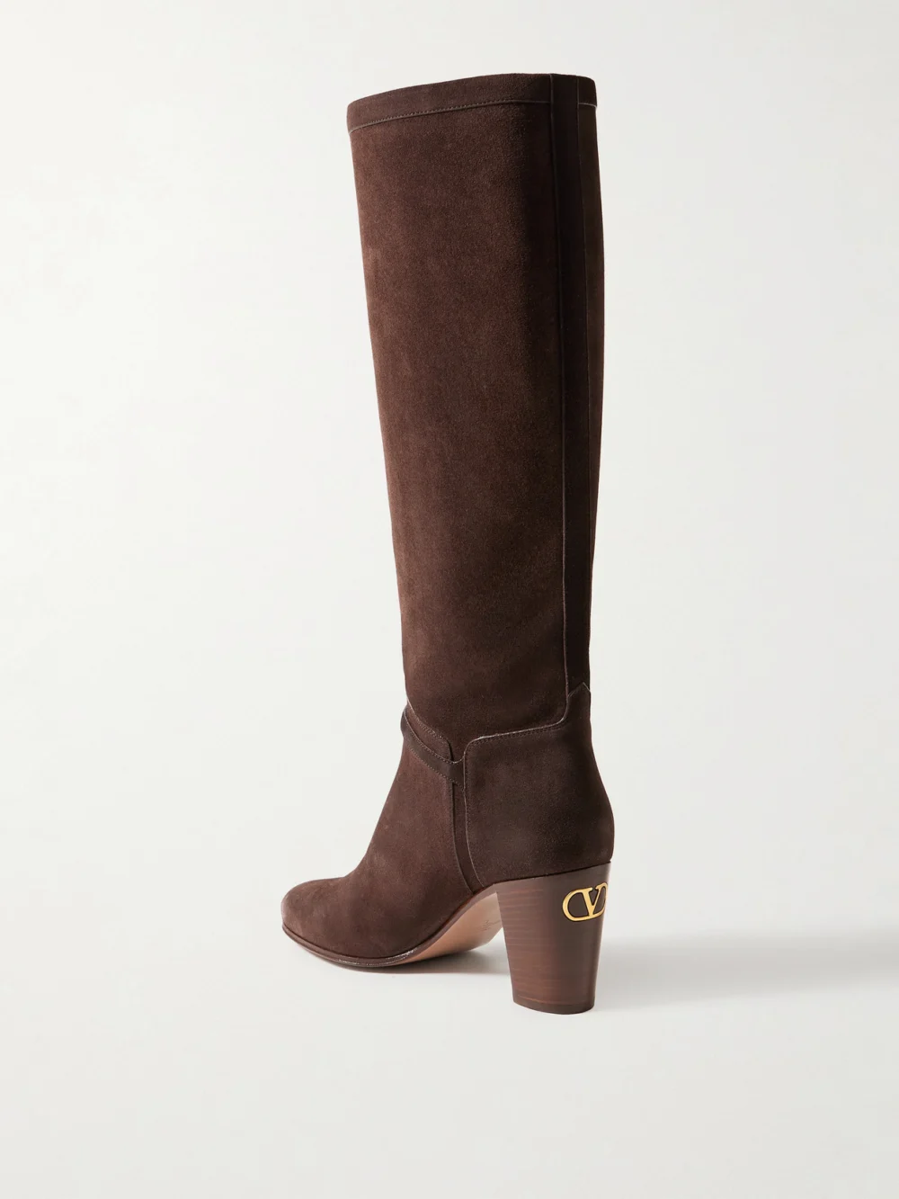 Back view of the Valentino Garavani Pattie 75 Buckle-embellished Suede Knee Boots