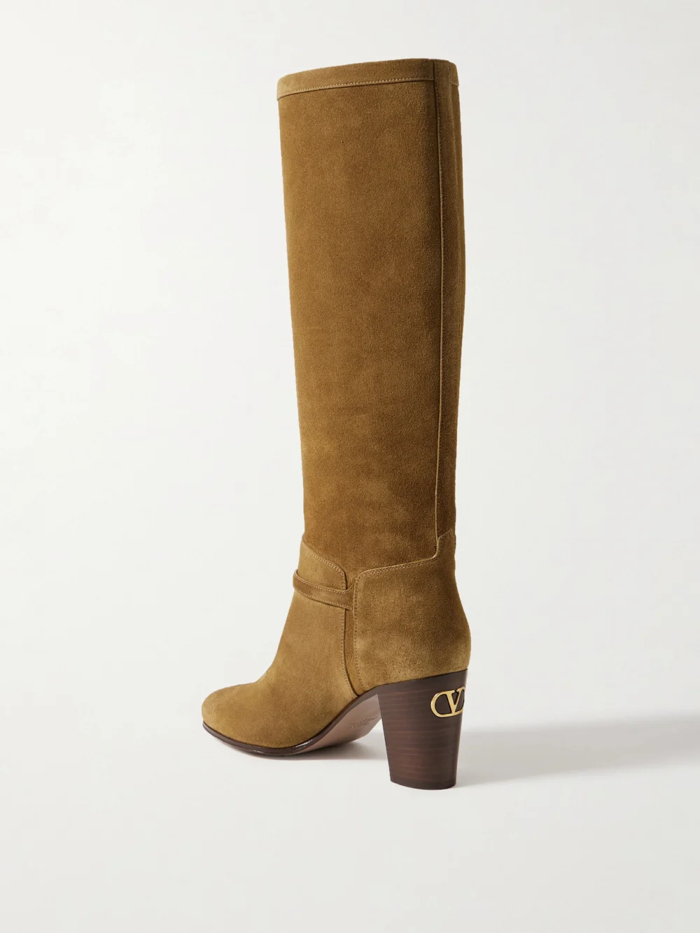 Back view of the Valentino Garavani Pattie 75 Buckle-embellished Suede Knee Boots