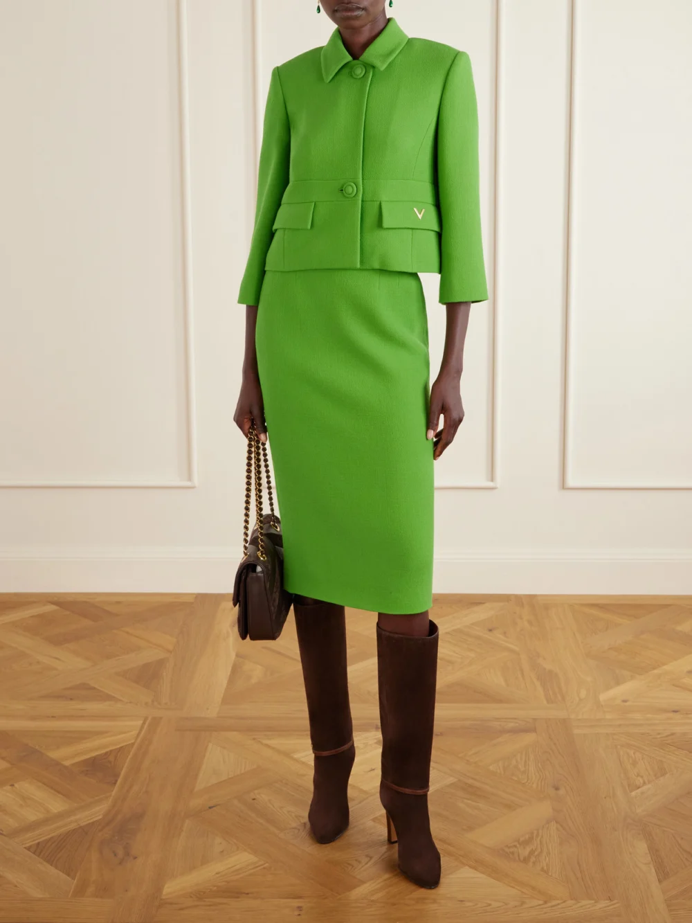 Valentino Garavani Pattie 85 Buckle-detail Suede Knee Boots, styled view
