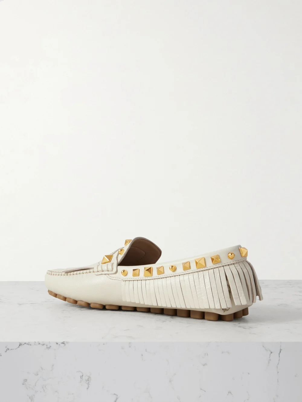 Back view of the Valentino Garavani Plaster Caster Driver Fringed Studded Textured-leather Loafers