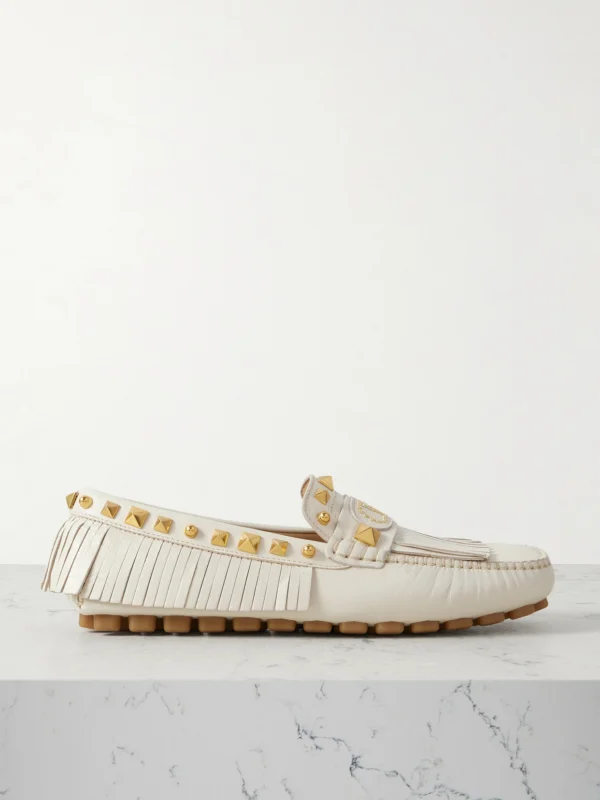 Valentino Garavani Plaster Caster Driver Fringed Studded Textured-leather Loafers