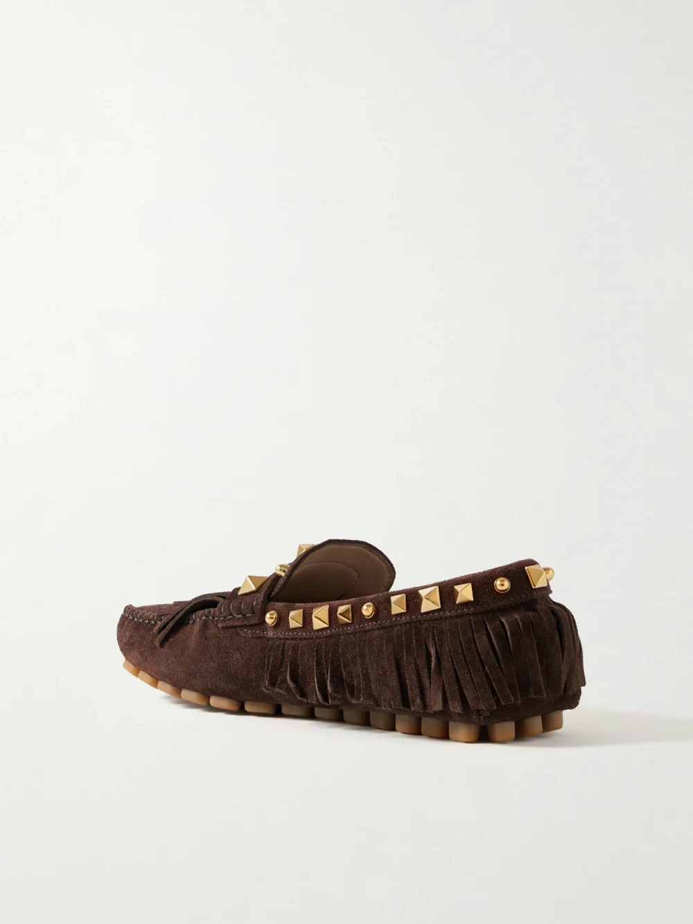 Back view of the Valentino Garavani Plaster Caster Fringed Studded Suede Loafers