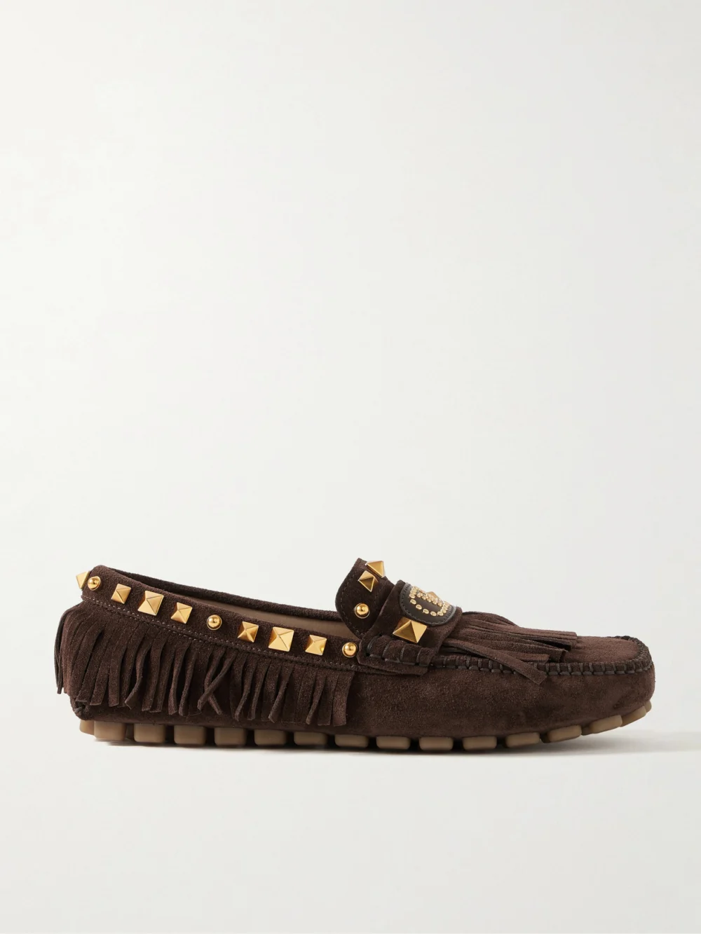 Valentino Garavani Plaster Caster Fringed Studded Suede Loafers in chocolate