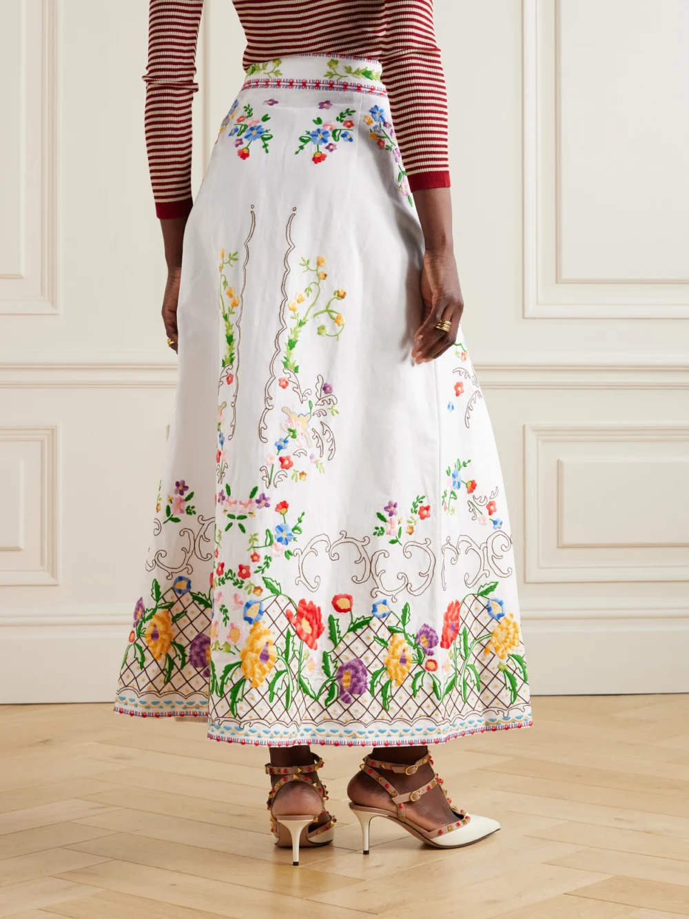 Back view of the Valentino Garavani Pleated Embroidered Cotton, Linen and Silk-blend Midi Skirt