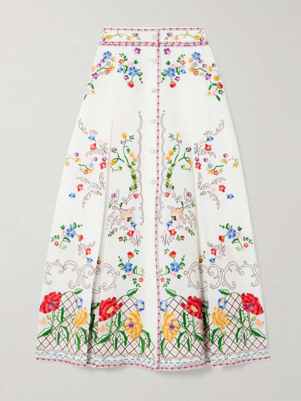 Valentino Garavani Pleated Embroidered Cotton, Linen and Silk-blend Midi Skirt in white