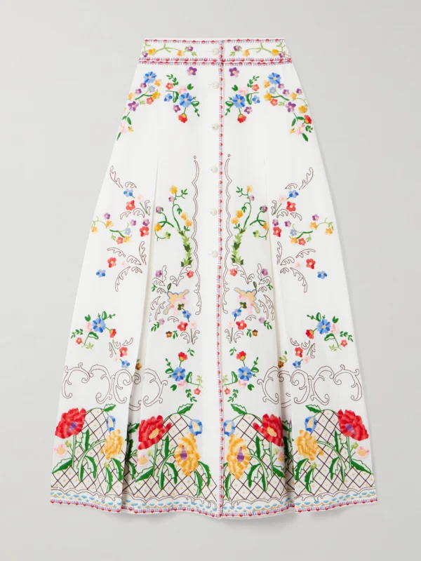 Valentino Garavani Pleated Embroidered Cotton, Linen and Silk-blend Midi Skirt