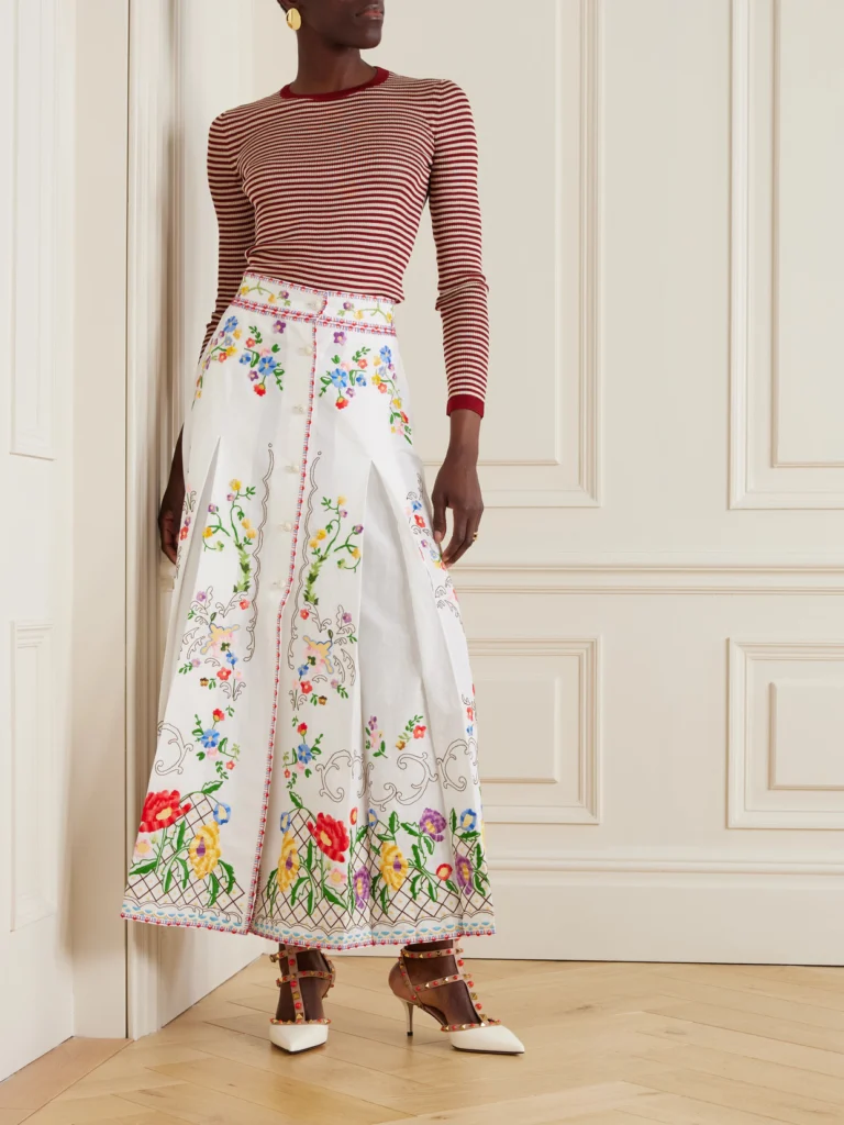 Valentino Garavani Pleated Embroidered Cotton, Linen and Silk-blend Midi Skirt