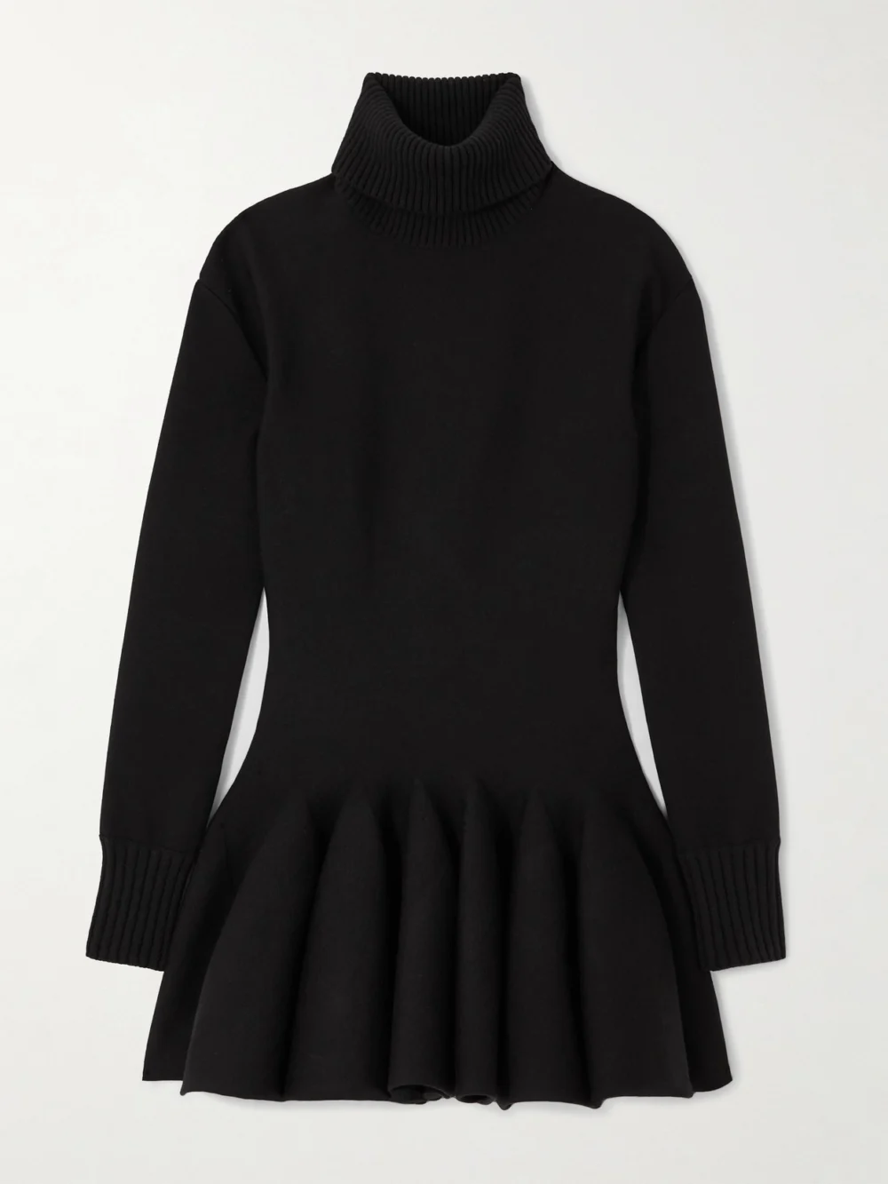 Valentino Garavani Pleated Knitted Wool-blend Turtleneck Mini Dress in black