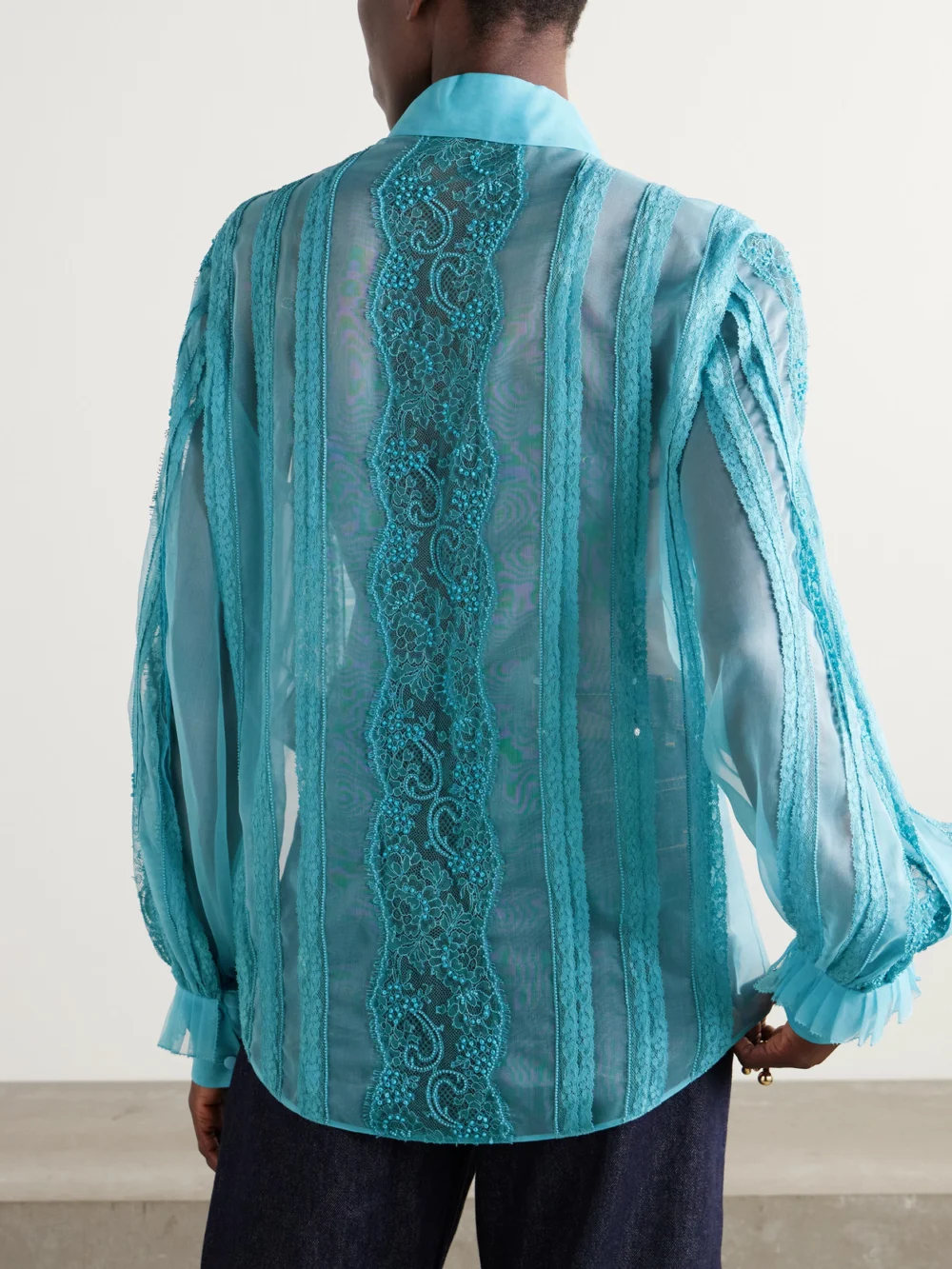 Back view of the Valentino Garavani Pleated Ruffled Bead-embellished Lace-trimmed Silk-organza Shirt
