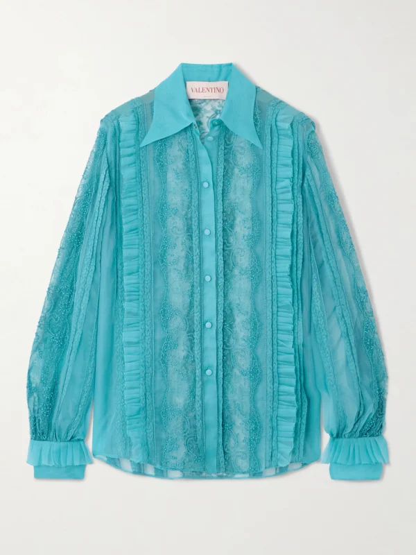 Valentino Garavani Pleated Ruffled Bead-embellished Lace-trimmed Silk-organza Shirt