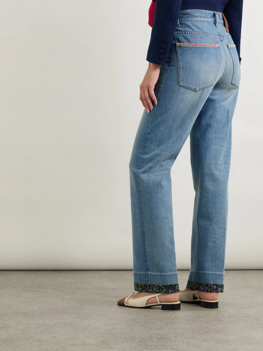 Back view of the Valentino Garavani Printed Chiffon-trimmed High-rise Straight-leg Jeans