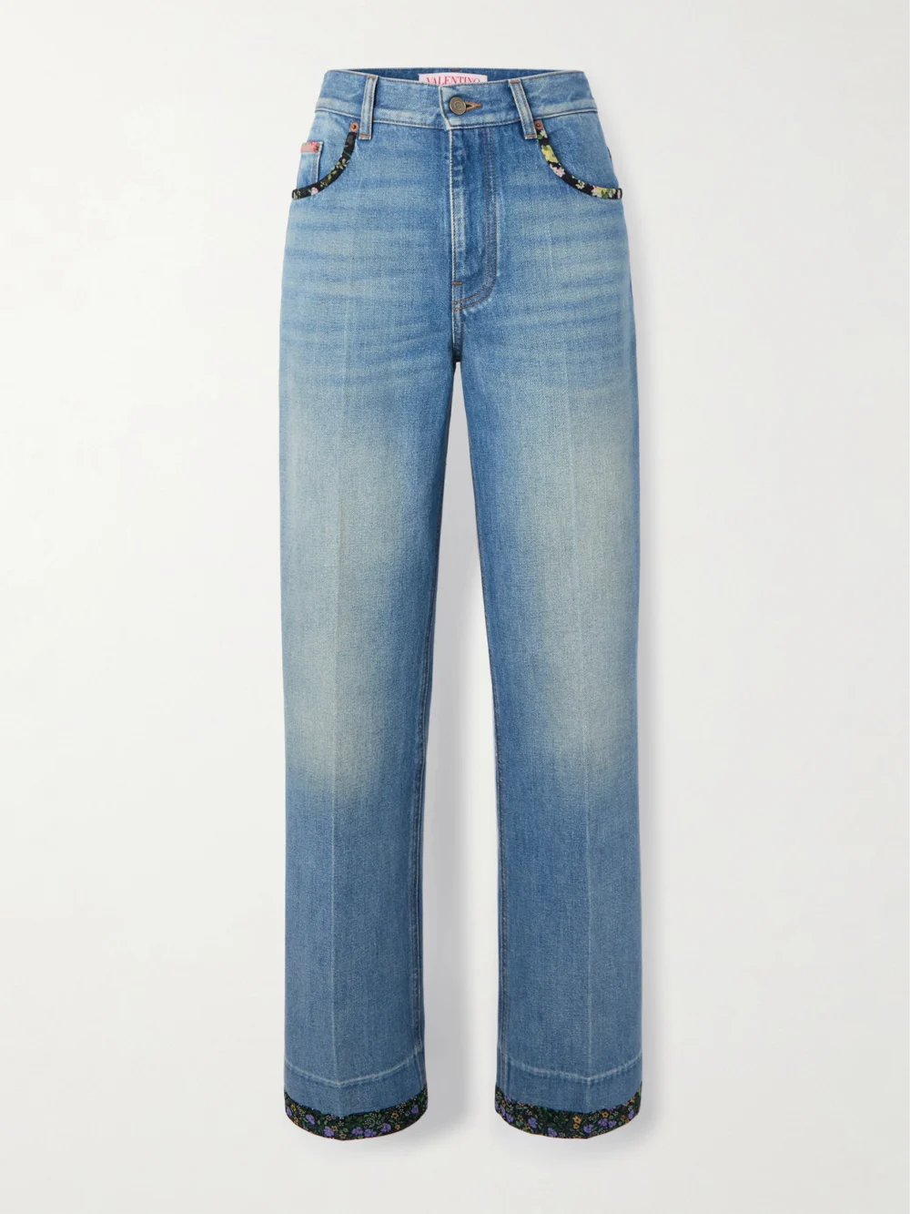 Valentino Garavani Printed Chiffon-trimmed High-rise Straight-leg Jeans in blue