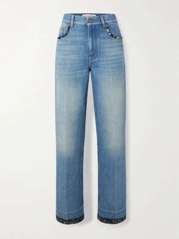 Valentino Garavani Printed Chiffon-trimmed High-rise Straight-leg Jeans