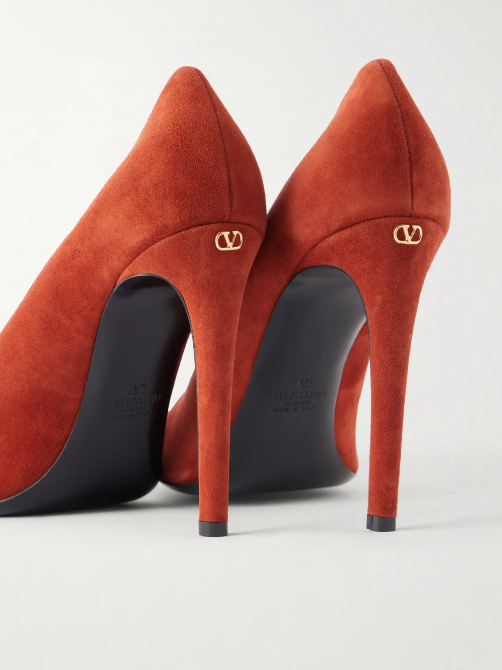 Close-up detail of the Valentino Garavani Révélé 105 Open-toe Suede Pumps