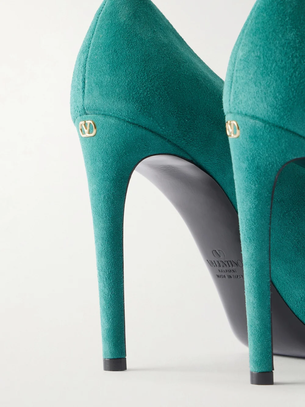 Close-up detail of the Valentino Garavani Révélé 105 Open-toe Suede Pumps