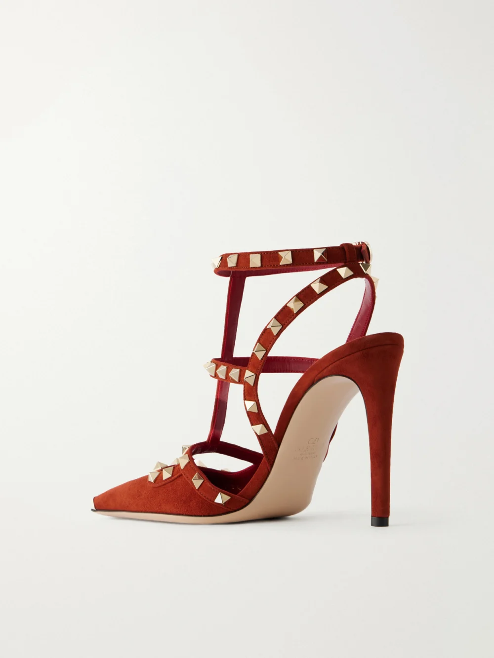 Back view of the Valentino Garavani Rockstud 100 Embellished Suede Pumps