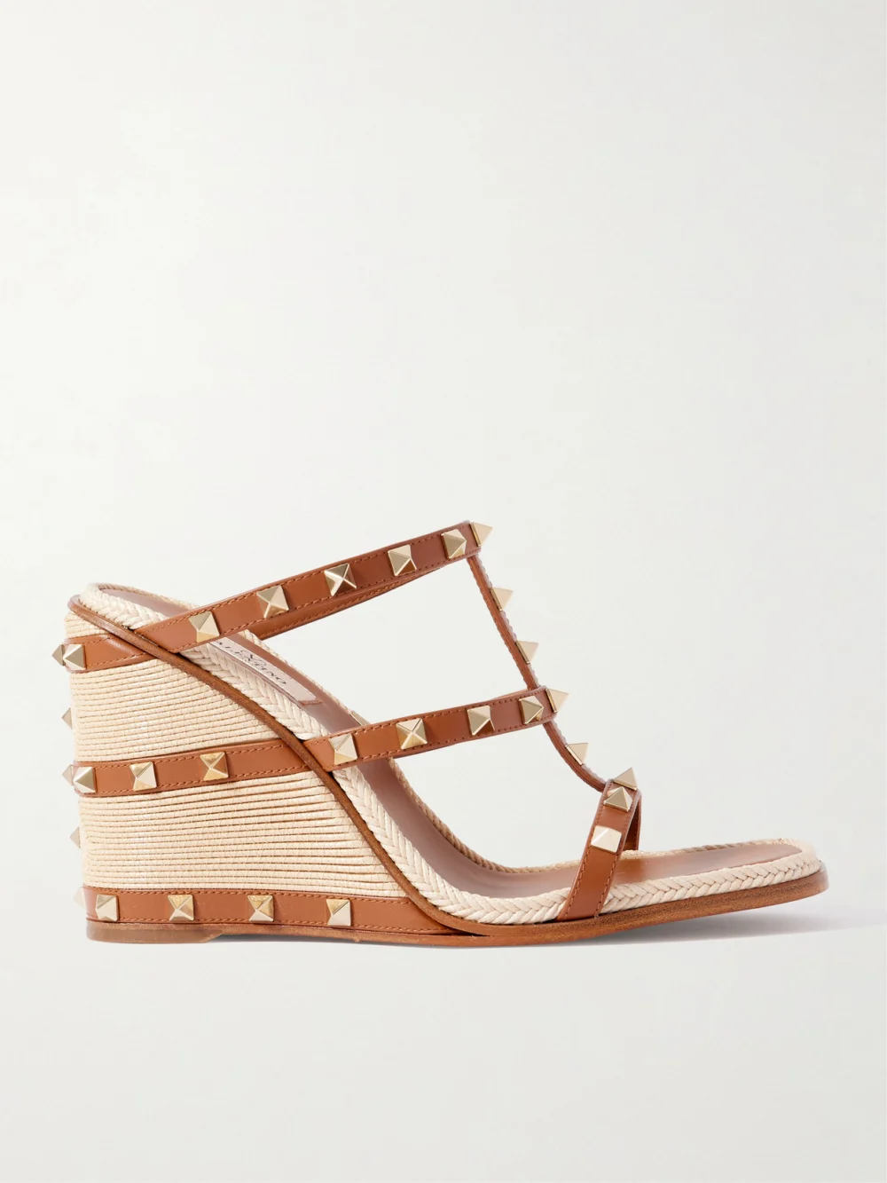 Valentino Garavani Rockstud 100 Leather Wedge Espadrille Sandals in tan