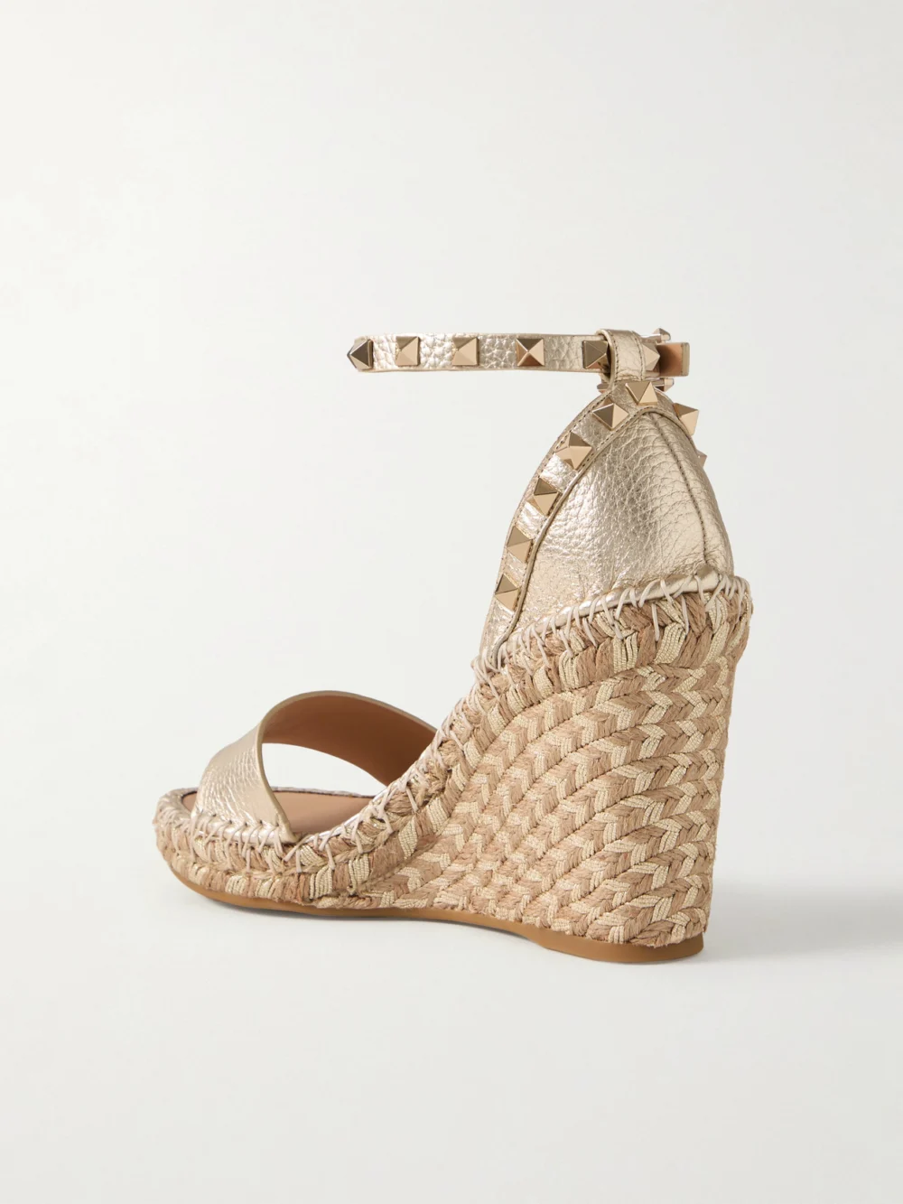 Back view of the Valentino Garavani Rockstud 105 Metallic Textured-leather Espadrille Wedge Sandals