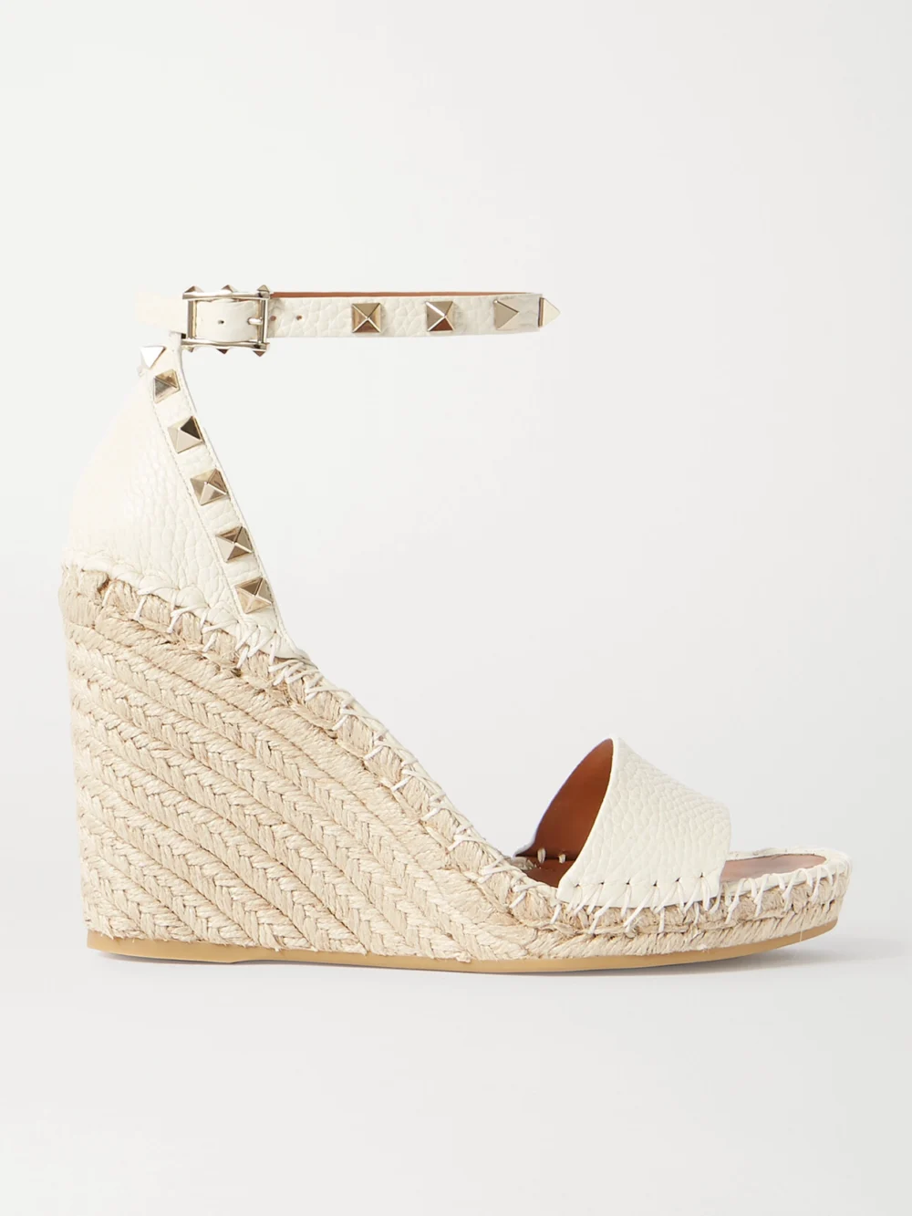 Valentino Garavani Rockstud 105 Textured-leather Espadrille Wedge Sandals in off-white