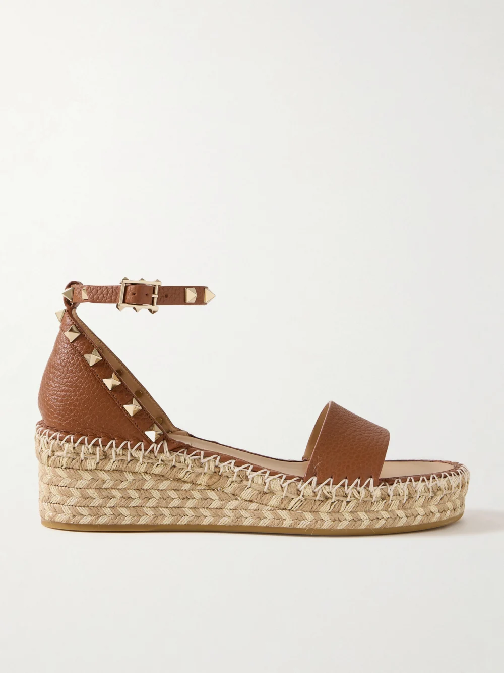 Valentino Garavani Rockstud 55 Textured-leather Espadrille Wedge Sandals in tan