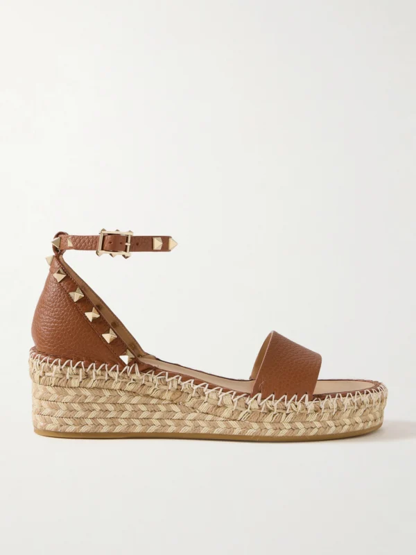 Valentino Garavani Rockstud 55 Textured-leather Espadrille Wedge Sandals