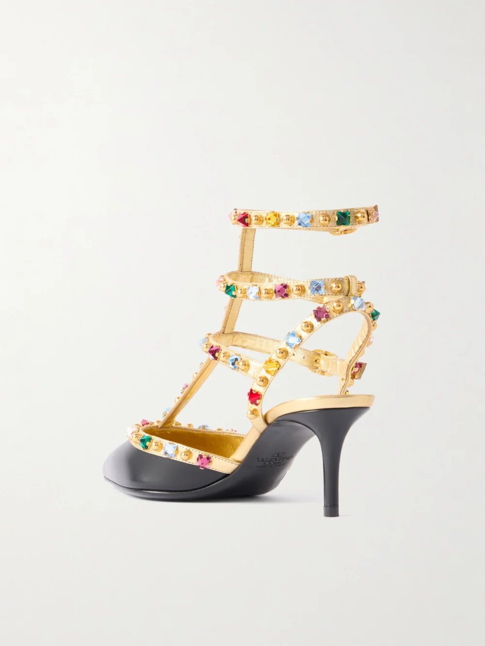 Back view of the Valentino Garavani Rockstud 65 Embellished Metallic Leather Pumps