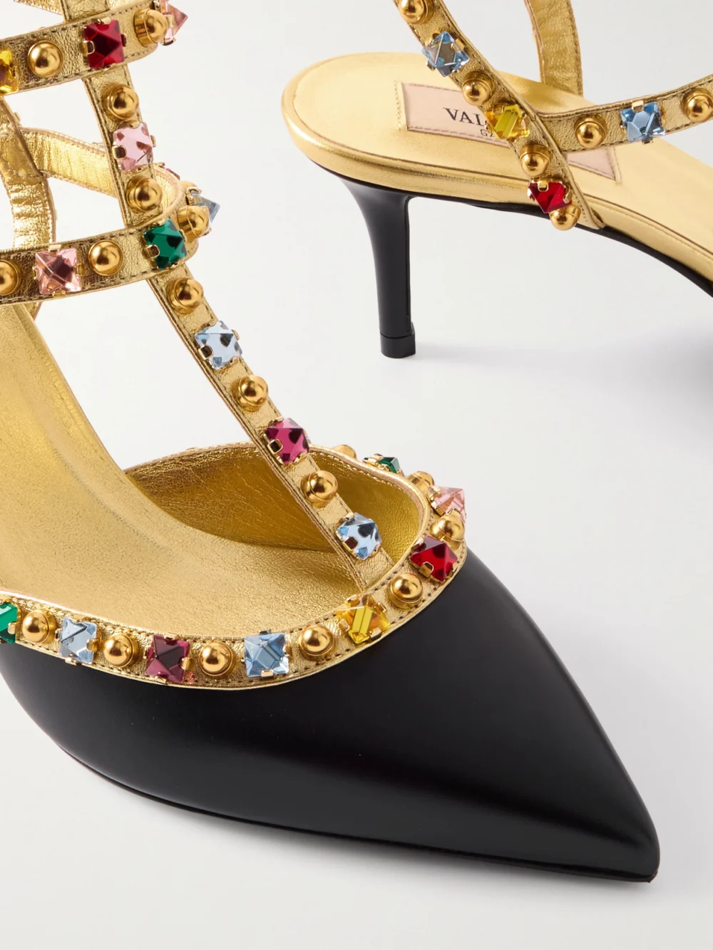 Close-up detail of the Valentino Garavani Rockstud 65 Embellished Metallic Leather Pumps