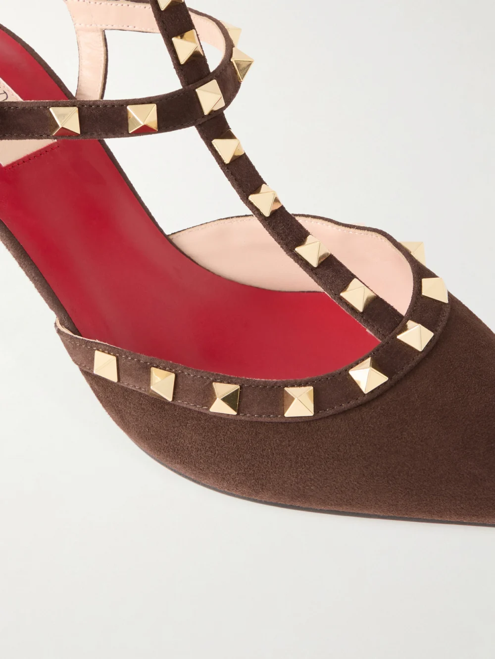 Close-up detail of the Valentino Garavani Rockstud 65 Suede Pumps