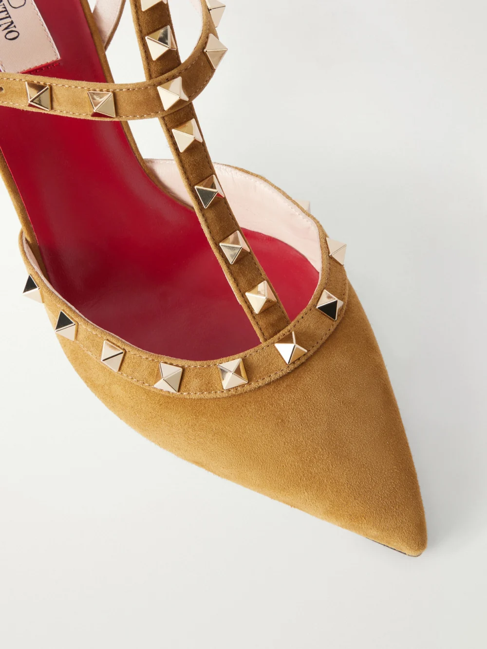 Close-up detail of the Valentino Garavani Rockstud 65 Suede Pumps