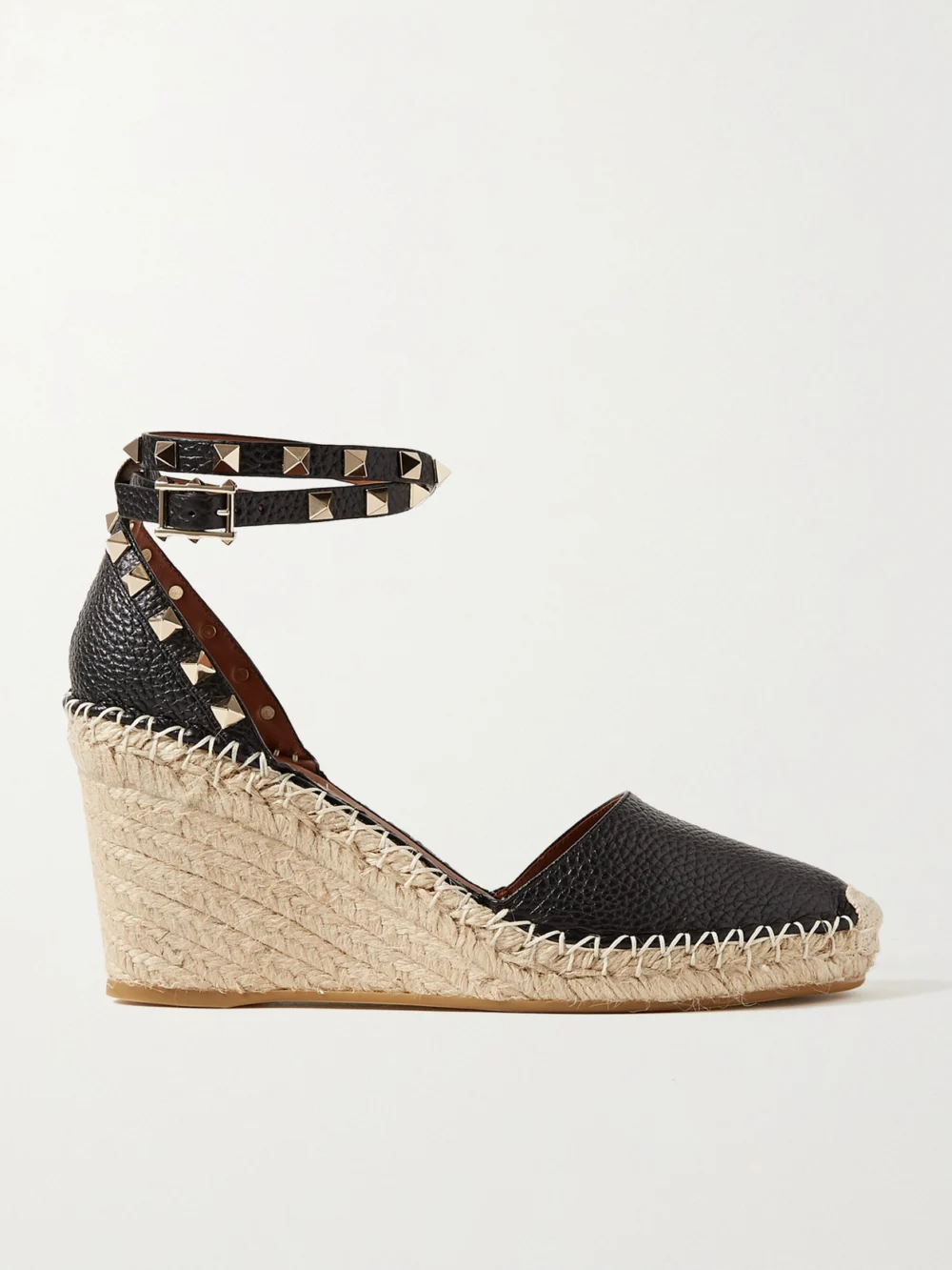 Valentino Garavani Rockstud 85 Textured-leather Wedge Espadrilles in black