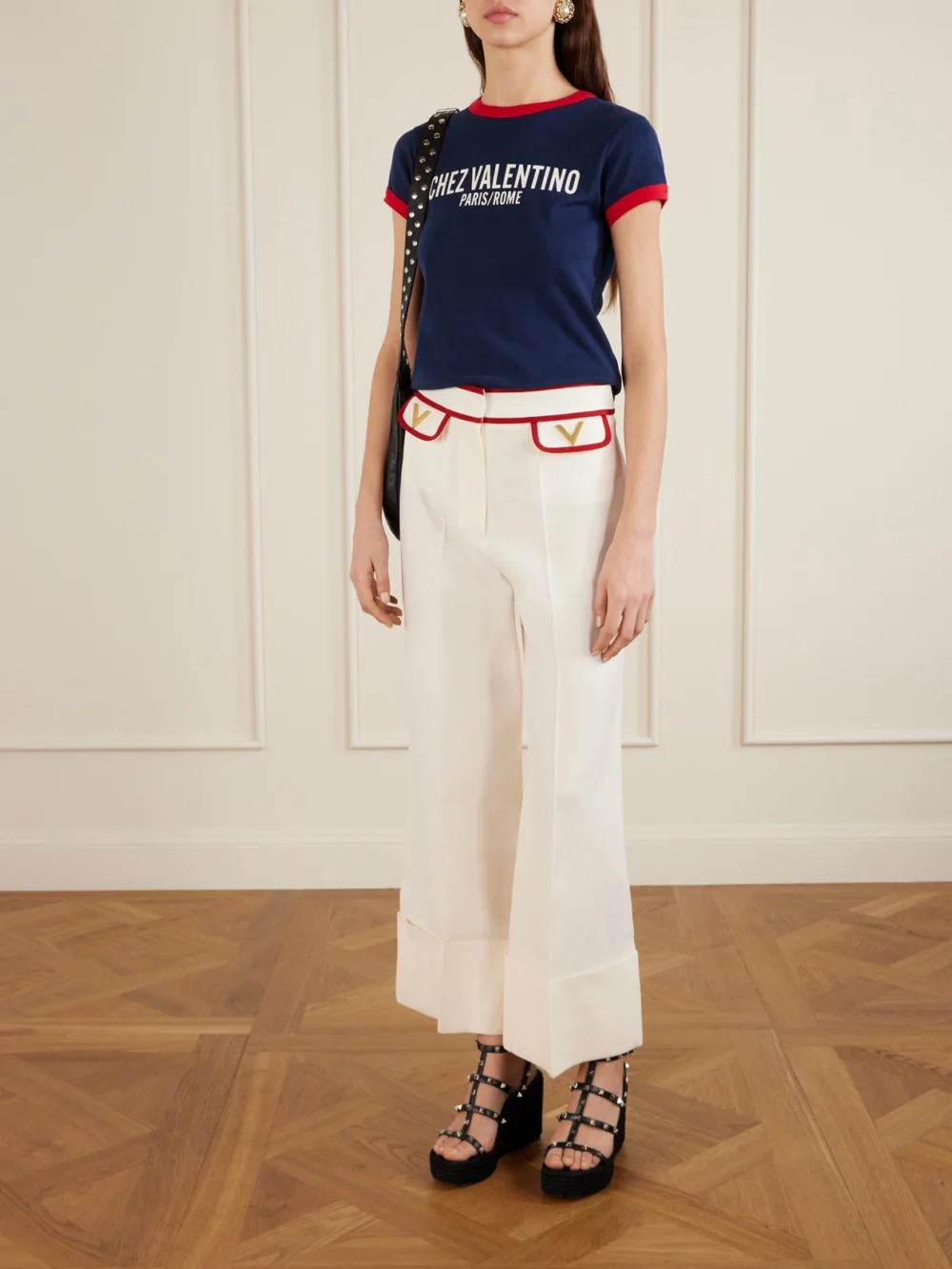 Valentino Garavani Rockstud 95 Leather Wedge Sandals, styled view
