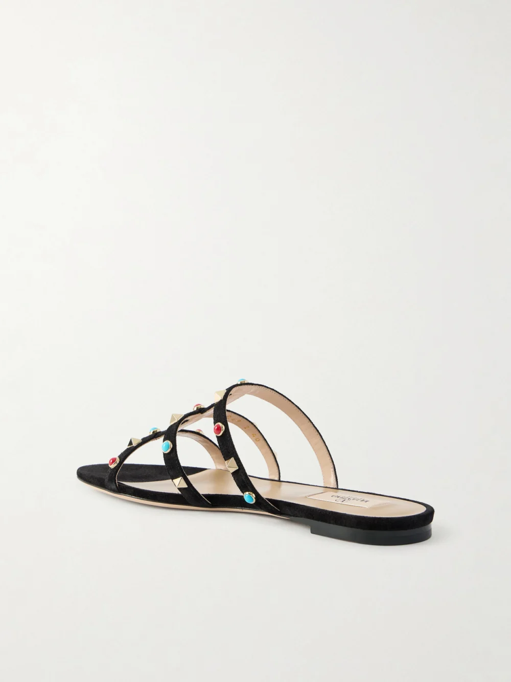 Back view of the Valentino Garavani Rockstud Bead-embellished Suede Sandals