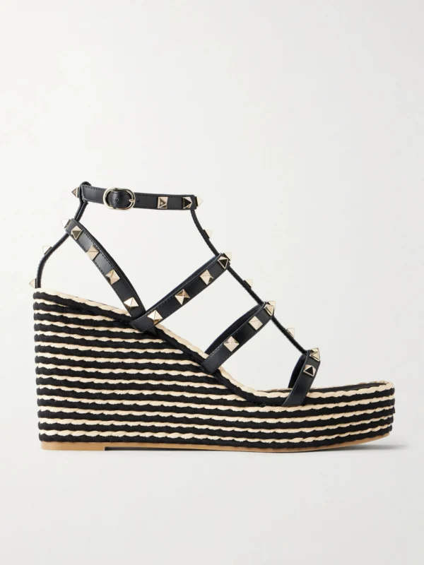 Valentino Garavani Rockstud Embellished Leather Wedge Espadrilles