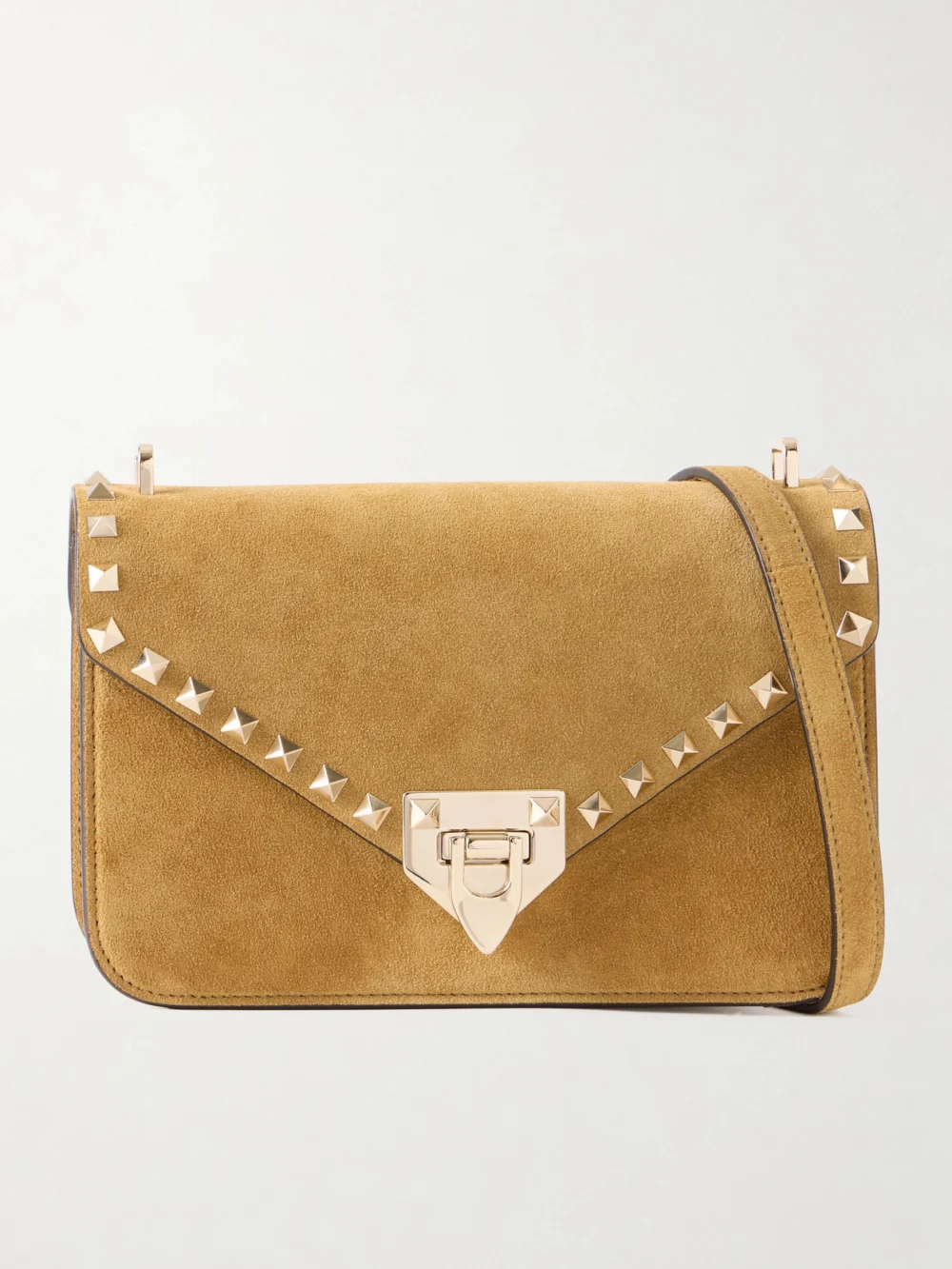 Valentino Garavani Rockstud Embellished Suede Shoulder Bag in tan